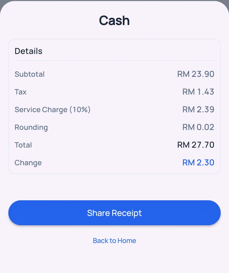 Kira POS payment complete with shareable receipt