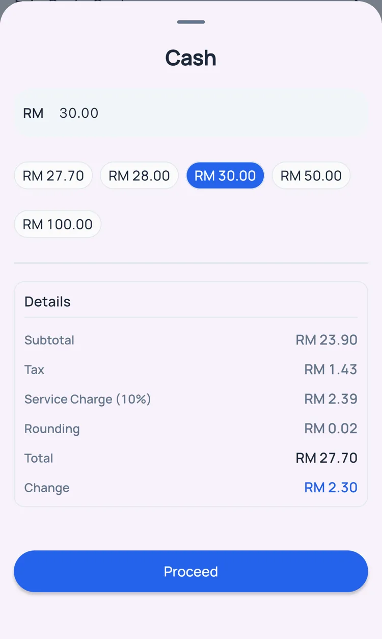 Kira POS cash payment with rounding and change