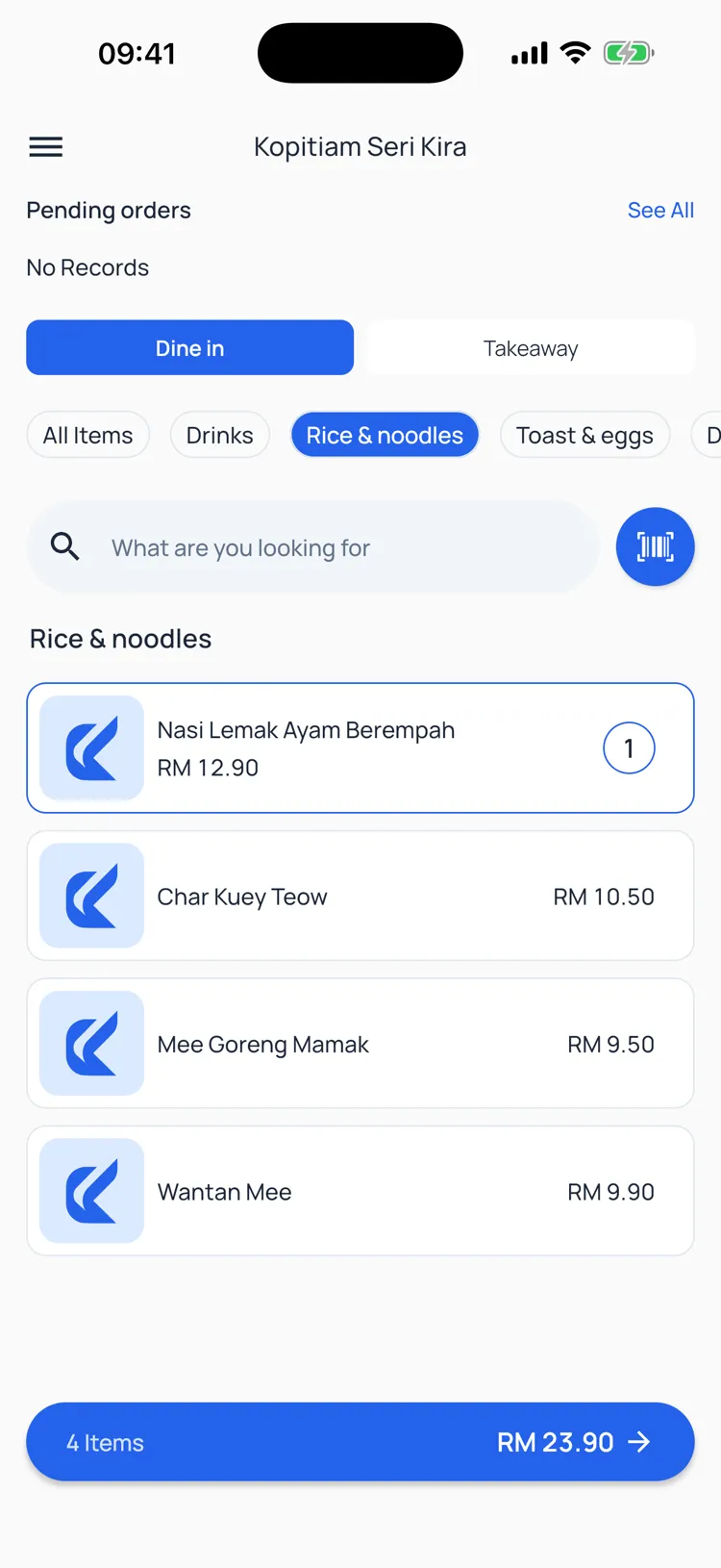 Kira POS catalog with a live cart