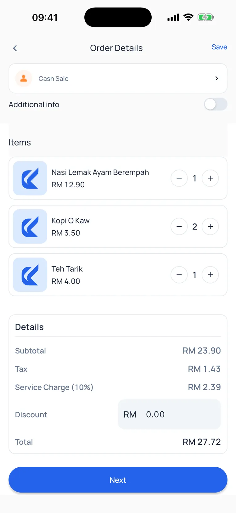 Kira POS order details with SST and service charge